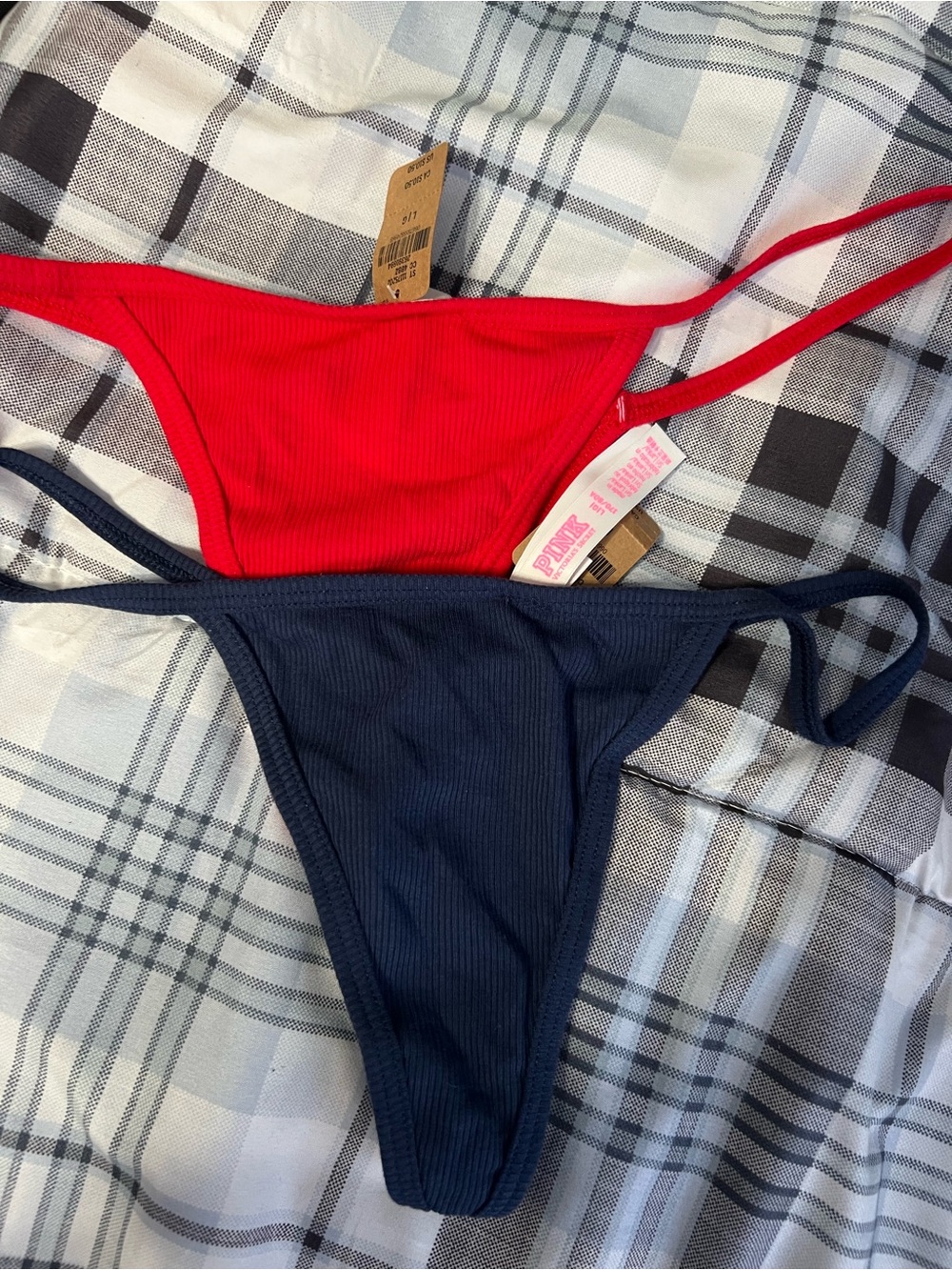 PINK Victoria's Secret Red & Navy Ribbed Thong Panties